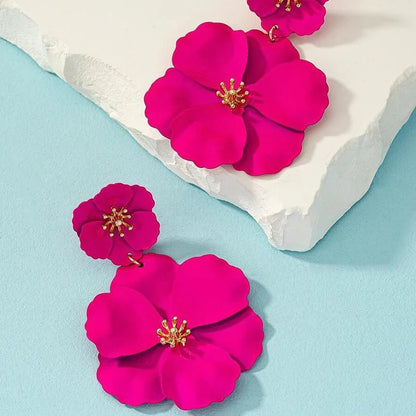 Fuchsia & white Fleura Cascade floral drop earrings, perfect gold-plated statement jewelry for women.