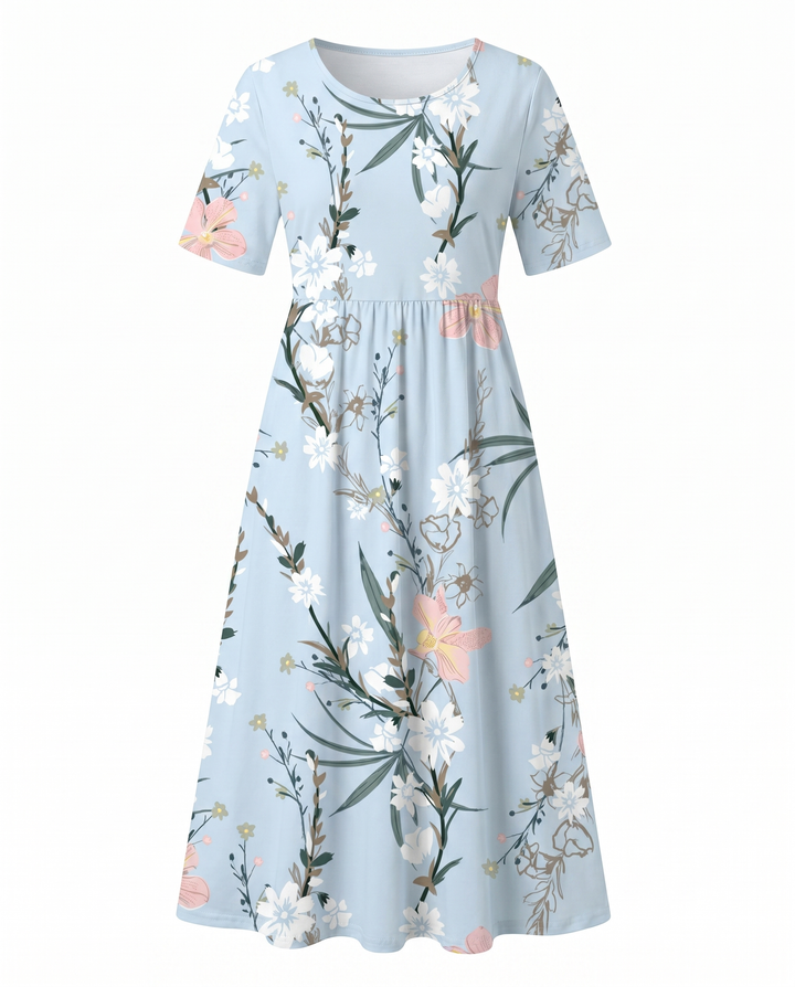Versatile women's floral A-line midi dress. Round neck, short sleeve. Ideal for casual, elegant, and comfortable wear.