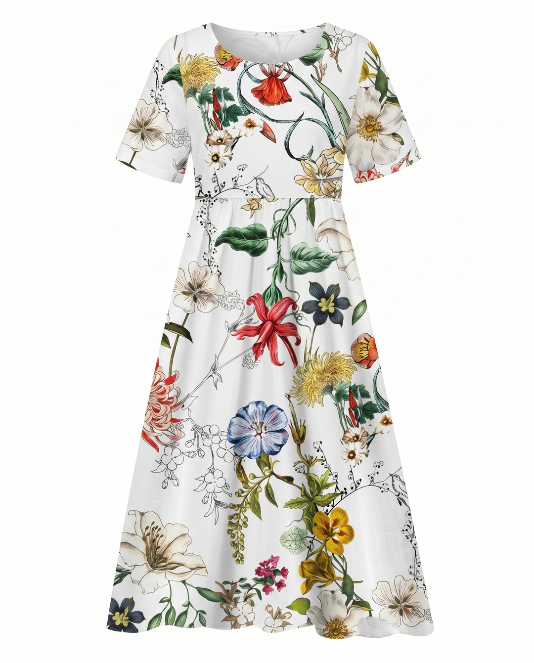 Chic women's floral A-line midi dress. Round neck, short sleeve. A comfortable, printed everyday dress for women.
