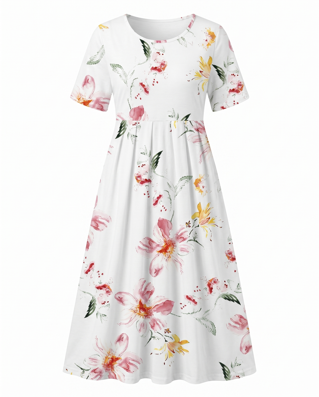 Flattering women's floral A-line midi dress. Round neck, short sleeves, elegant print. Perfect for casual spring outfits.