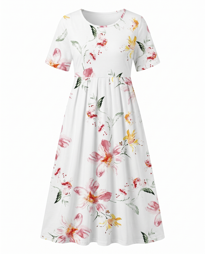 Flattering women's floral A-line midi dress. Round neck, short sleeves, elegant print. Perfect for casual spring outfits.