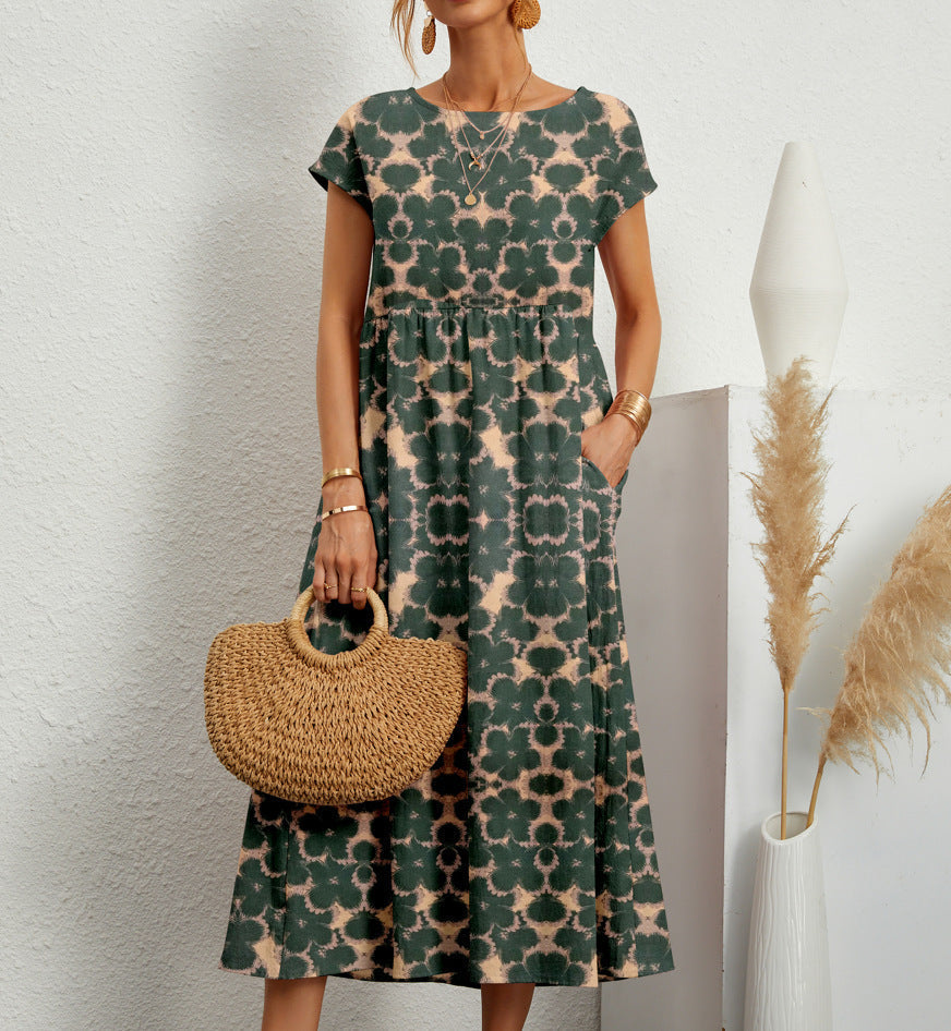 Women's floral A-line short sleeve dress, perfect for elegant summer fashion and comfortable casual wear.