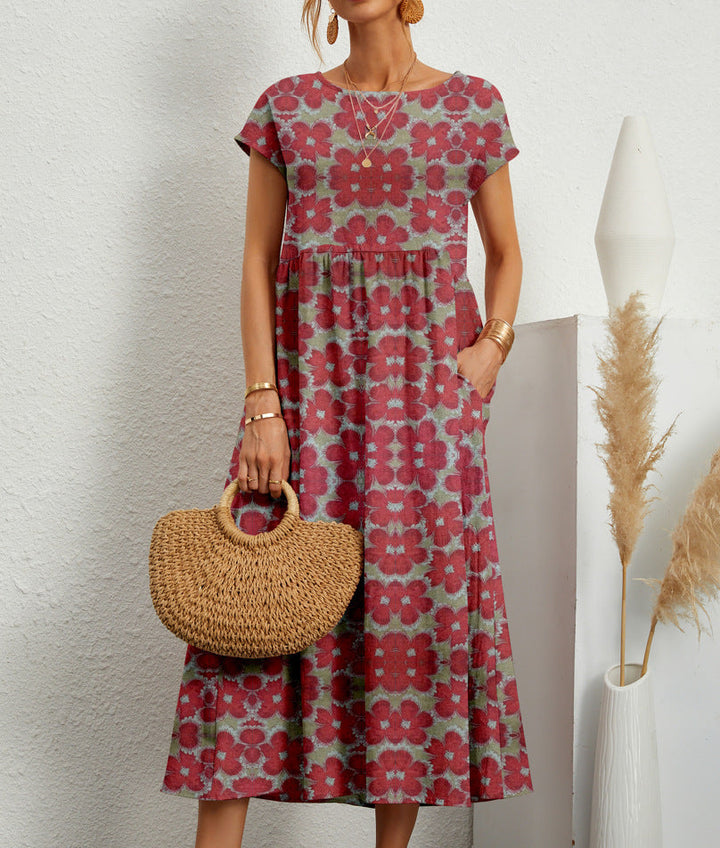 Comfortable women's floral printed A-line day dress with short sleeves, ideal for spring style.