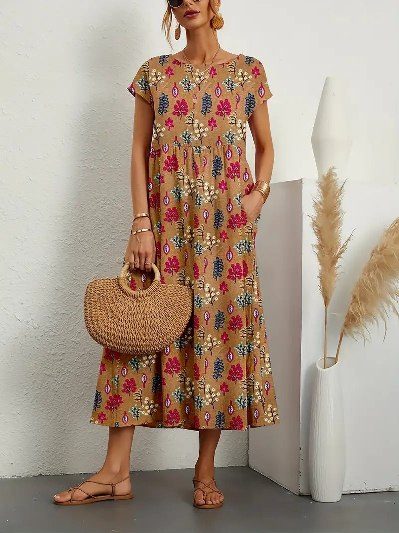 Stylish women's floral A-line dress with short sleeves and pockets, great for casual and comfortable day wear.