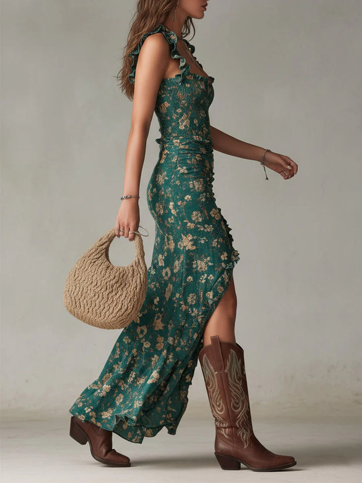 Chic women's floral boho maxi dress featuring delicate ruffle straps and a flattering high slit, ideal for vacation.