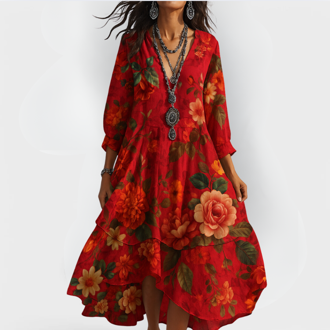 Chic women's boho floral maxi dress, V-neck, flowy. Ideal summer festival, vacation, or casual resort wear.