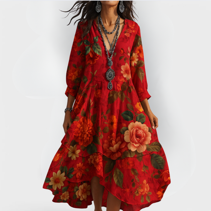 Chic women's boho floral maxi dress, V-neck, flowy. Ideal summer festival, vacation, or casual resort wear.