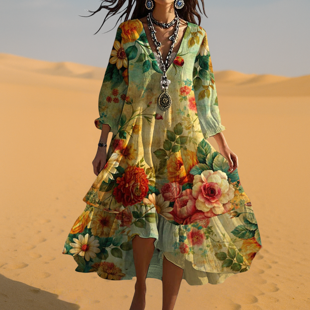 V-neck floral maxi dress for women, with a flowy boho design. Great for summer, beach, or casual chic styling.