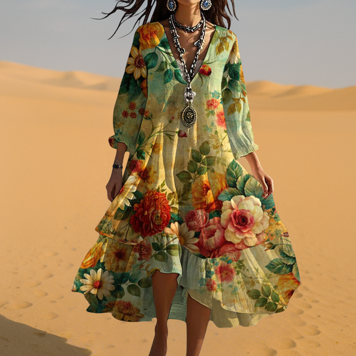 V-neck floral maxi dress for women, with a flowy boho design. Great for summer, beach, or casual chic styling.
