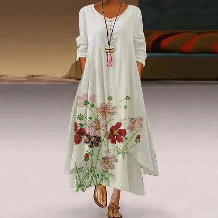 Women's floral border print long sleeve maxi dress with V-neck, perfect for bohemian spring and summer casual wear.