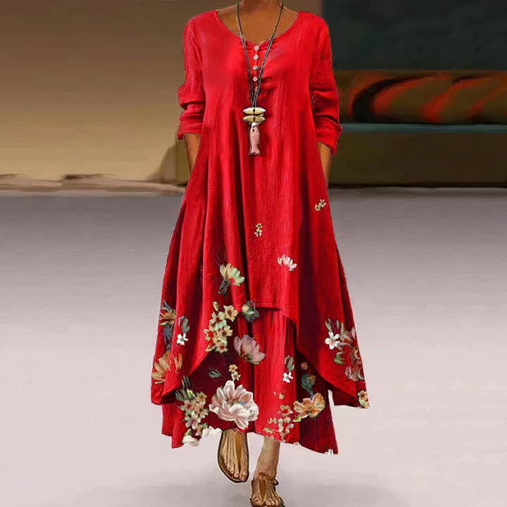 Comfortable oversized long sleeve floral maxi dress with practical pockets, ideal for versatile casual spring/summer wear.