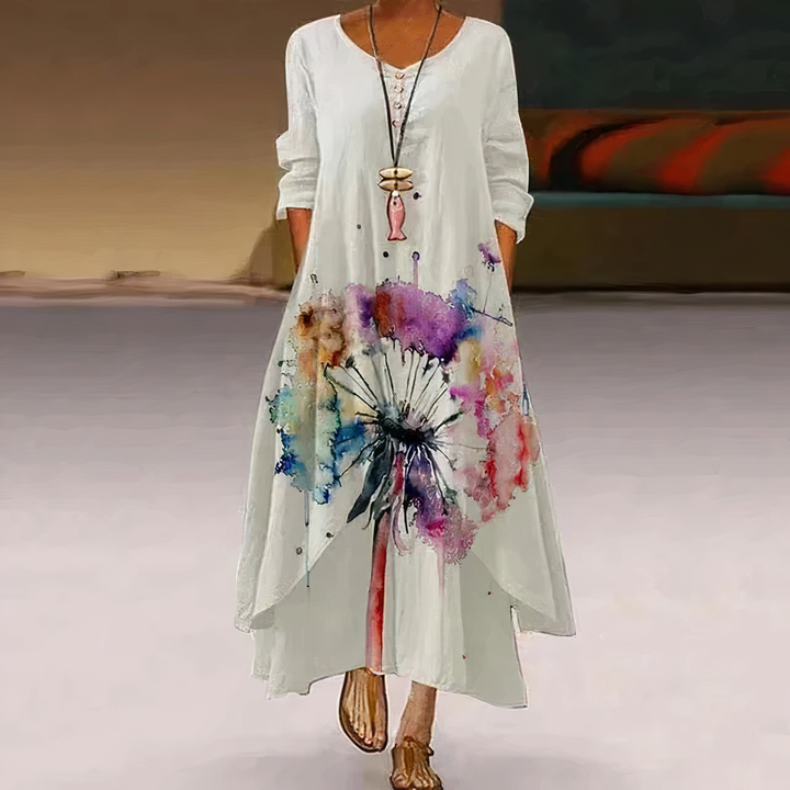 Full length back view of a women's floral border print long sleeve maxi dress, showcasing flowy A-line silhouette.