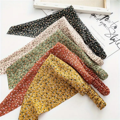 Chic floral chiffon hair wrap. Women's fashionable head bandana accessory.