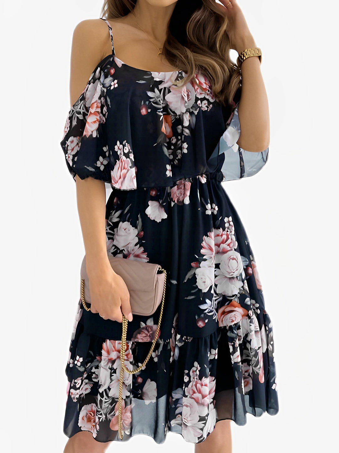 Versatile women's floral cold shoulder ruffle mini dress, suitable for many summer occasions.