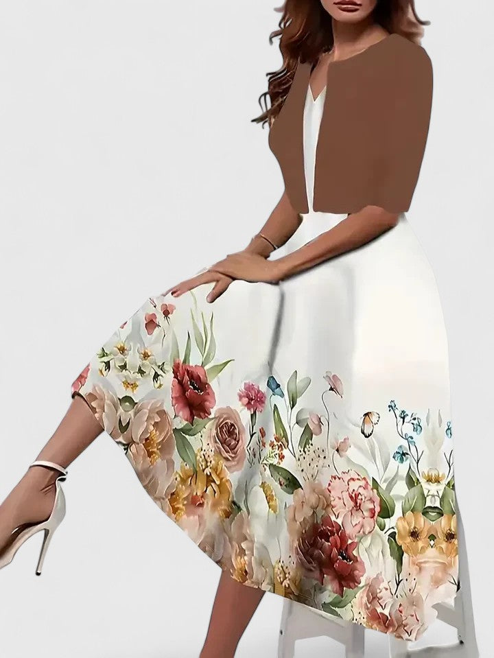 Women's unique floral colorblock A-line midi dress, distinctive notch neck, wedding guest attire.