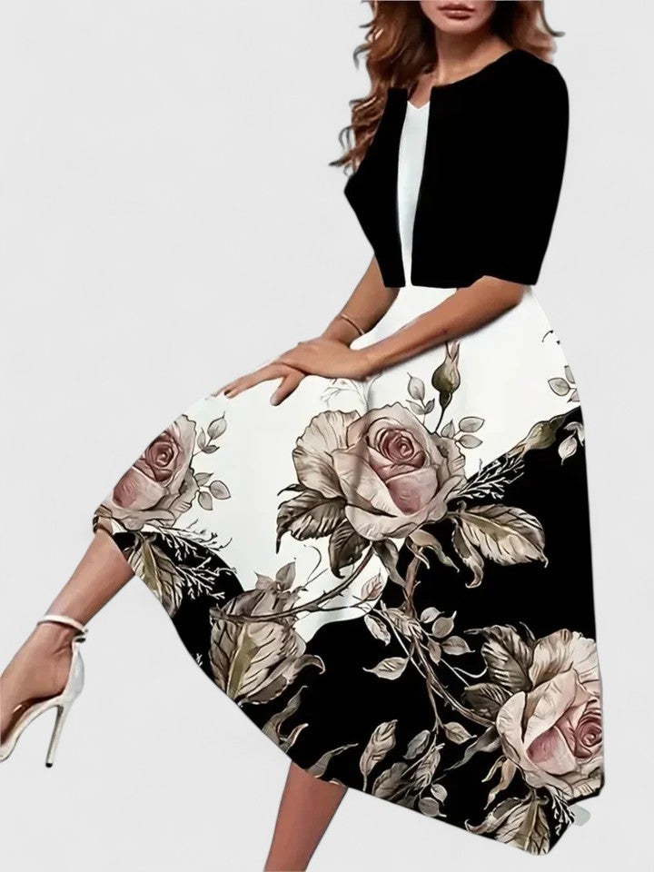 Stylish women's floral colorblock A-line midi dress, notch neck, 3/4 sleeves, elegant party dress.