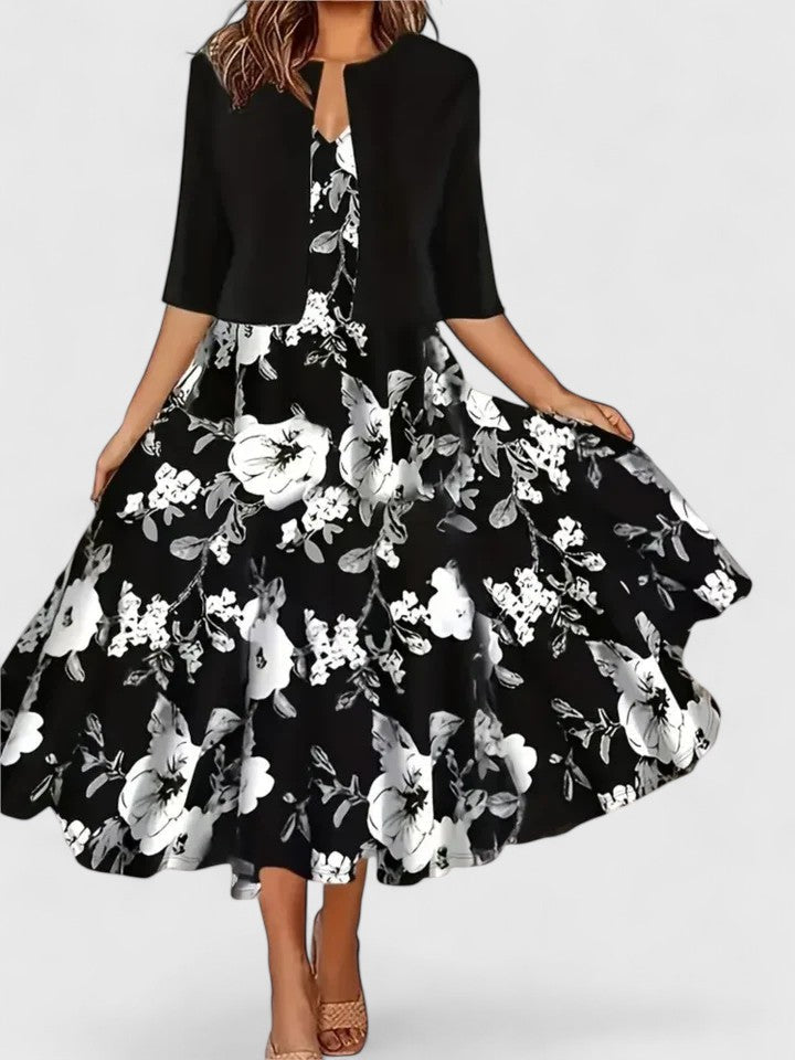 Elegant women's floral colorblock midi dress, A-line cut, perfect for spring/summer parties.