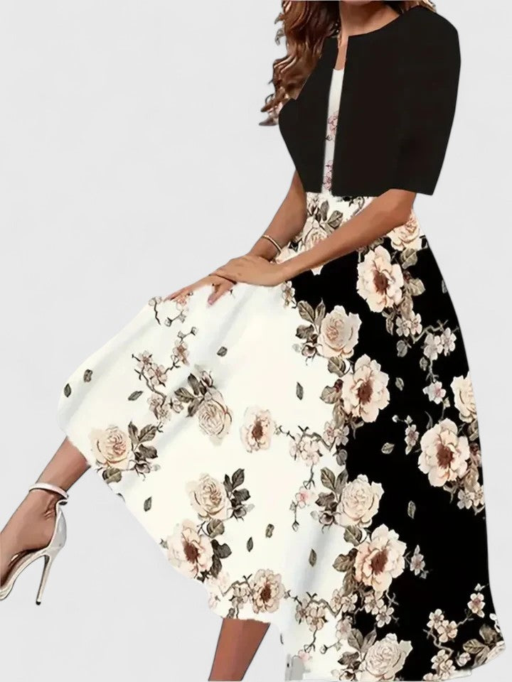 Vibrant floral colorblock midi dress, A-line silhouette, notch neck, ideal for wedding guests.