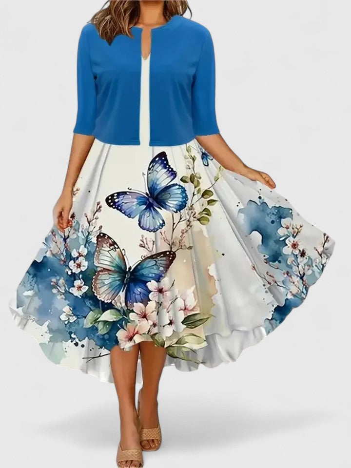 Party-ready women's floral colorblock A-line midi dress with a stylish notch neck, summer fashion.