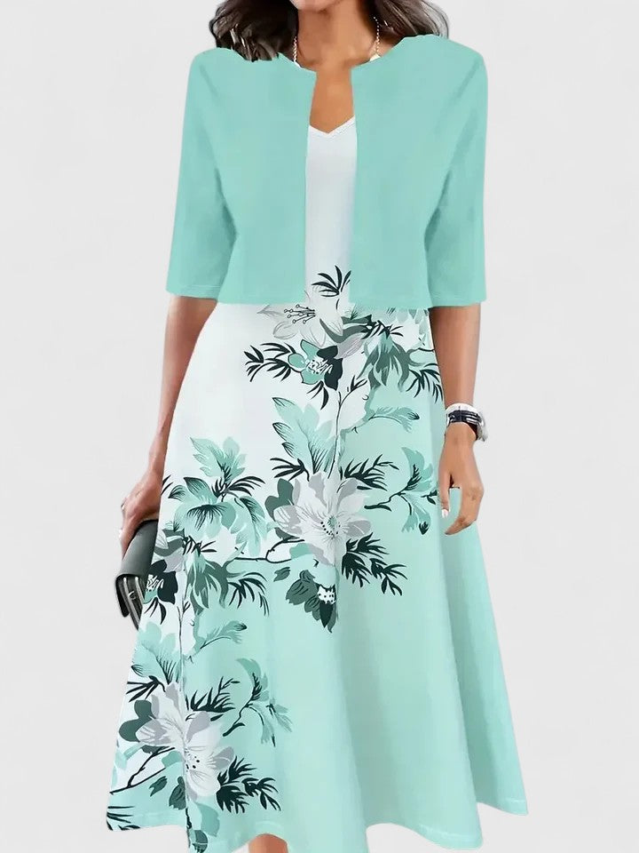 Flattering A-line floral colorblock midi dress for women, elegant notch neck, 3/4 sleeves.