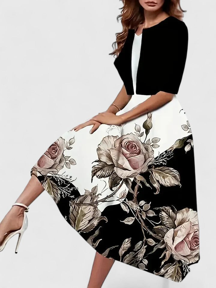 Spring/summer women's floral colorblock midi dress, A-line cut, notch neck, occasion wear.