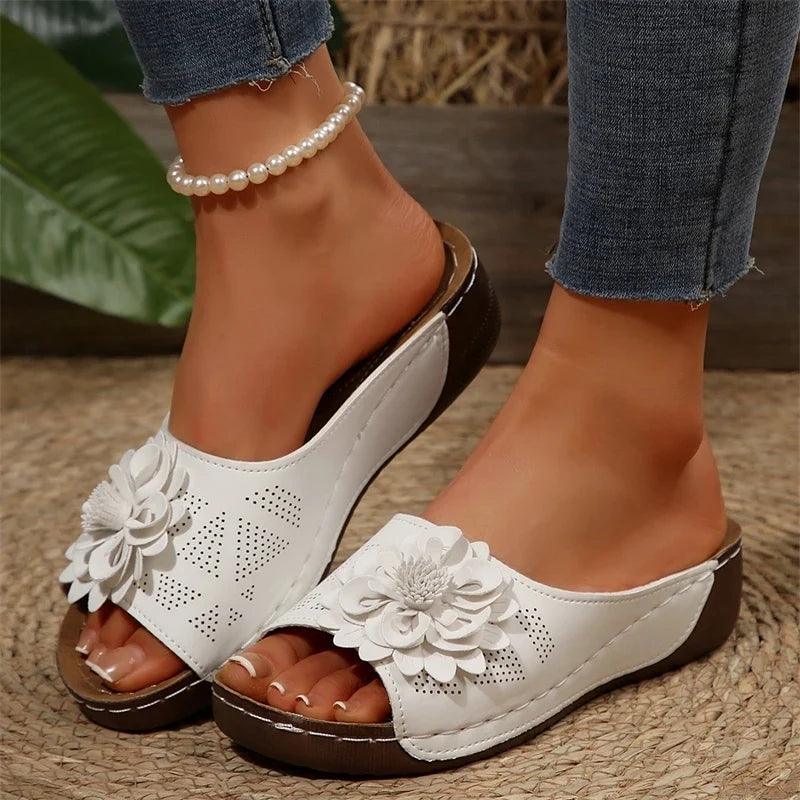 Appliqué floral slide sandals for women, comfort design, stylish casual spring footwear.