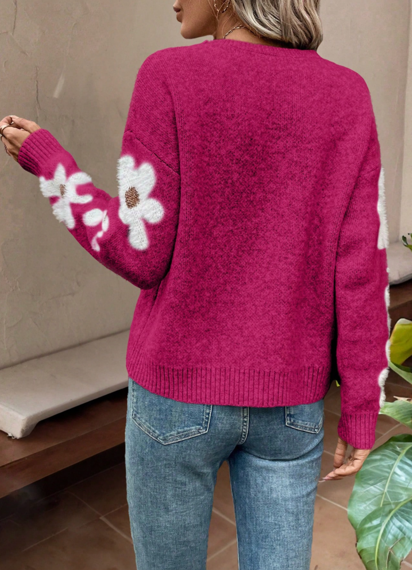 Cozy women's long sleeve floral knit sweater, a stylish drop shoulder top for comfortable fashion.