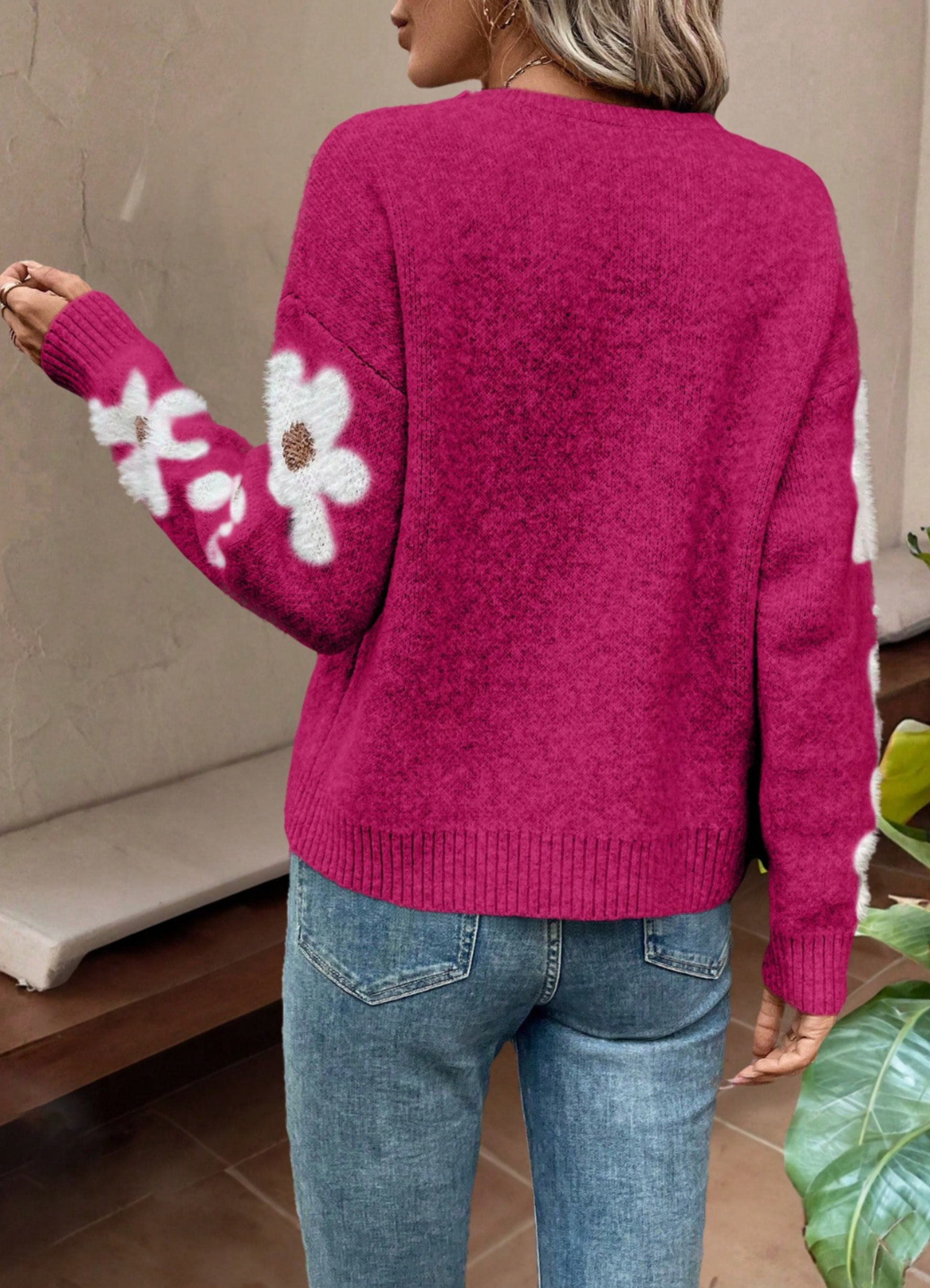 Cozy women's long sleeve floral knit sweater, a stylish drop shoulder top for comfortable fashion.