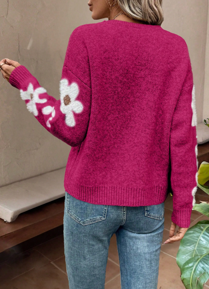 Cozy women's long sleeve floral knit sweater, a stylish drop shoulder top for comfortable fashion.