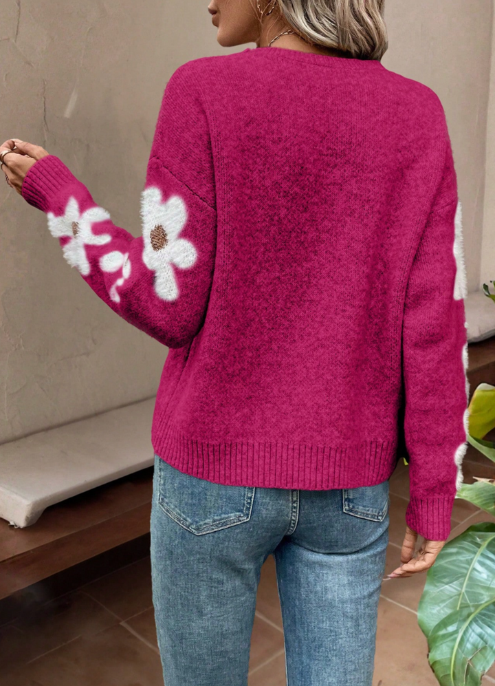 Cozy women's long sleeve floral knit sweater, a stylish drop shoulder top for comfortable fashion.