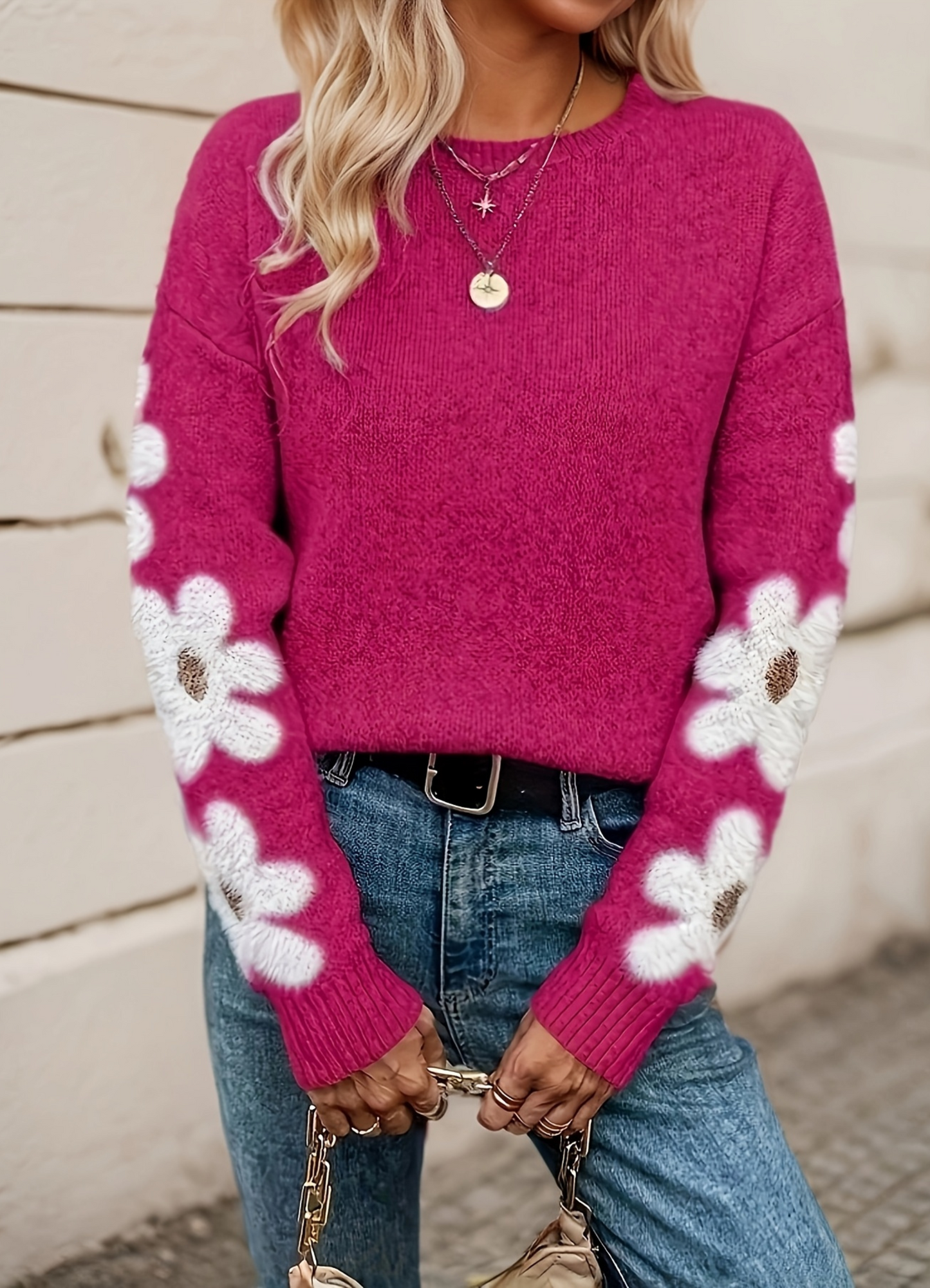 Effortless women's floral knit sweater, soft and comfortable with a relaxed drop shoulder fit.