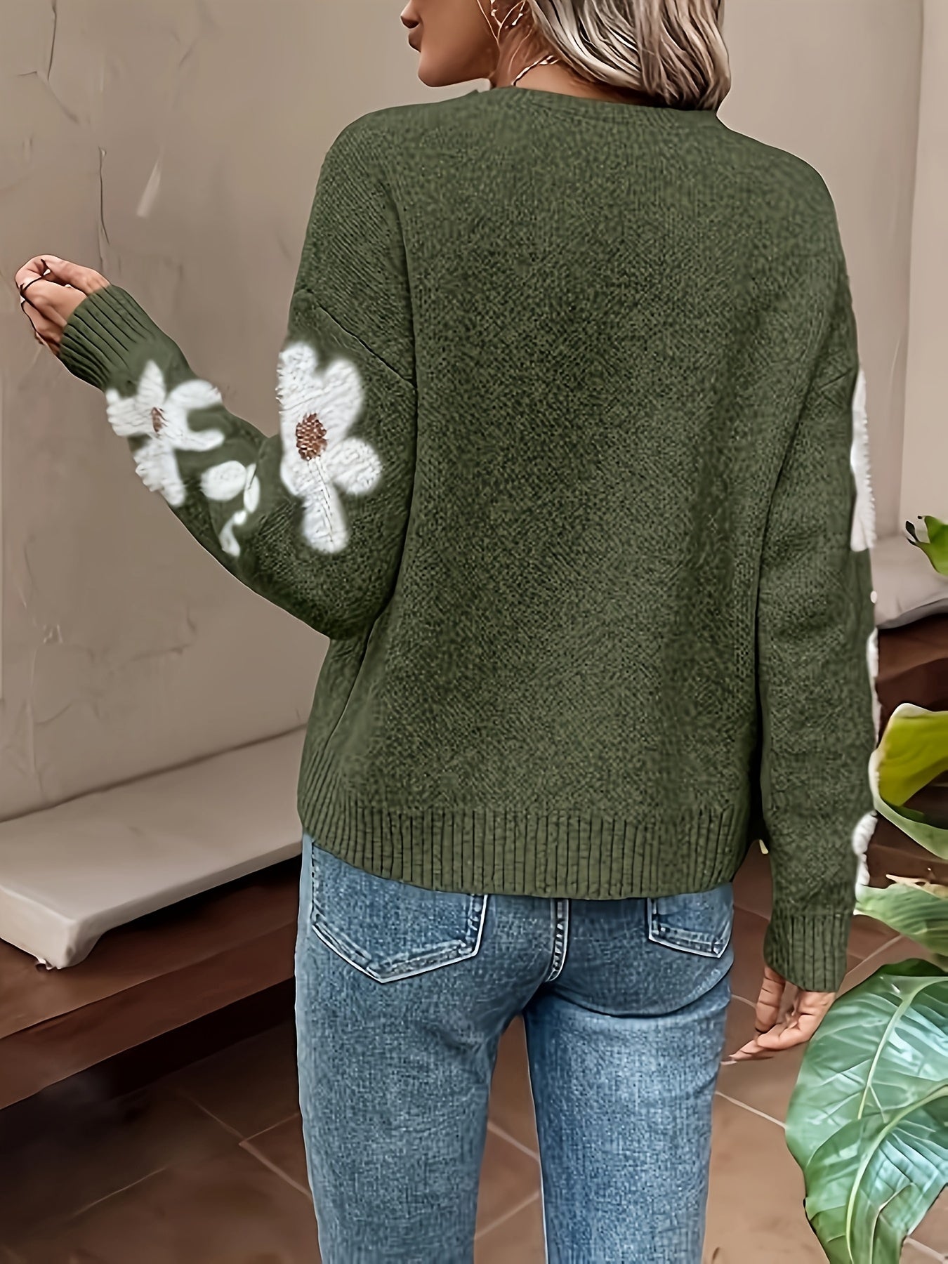 Women's comfortable floral print knit sweater, long sleeve drop shoulder top for everyday elegance.