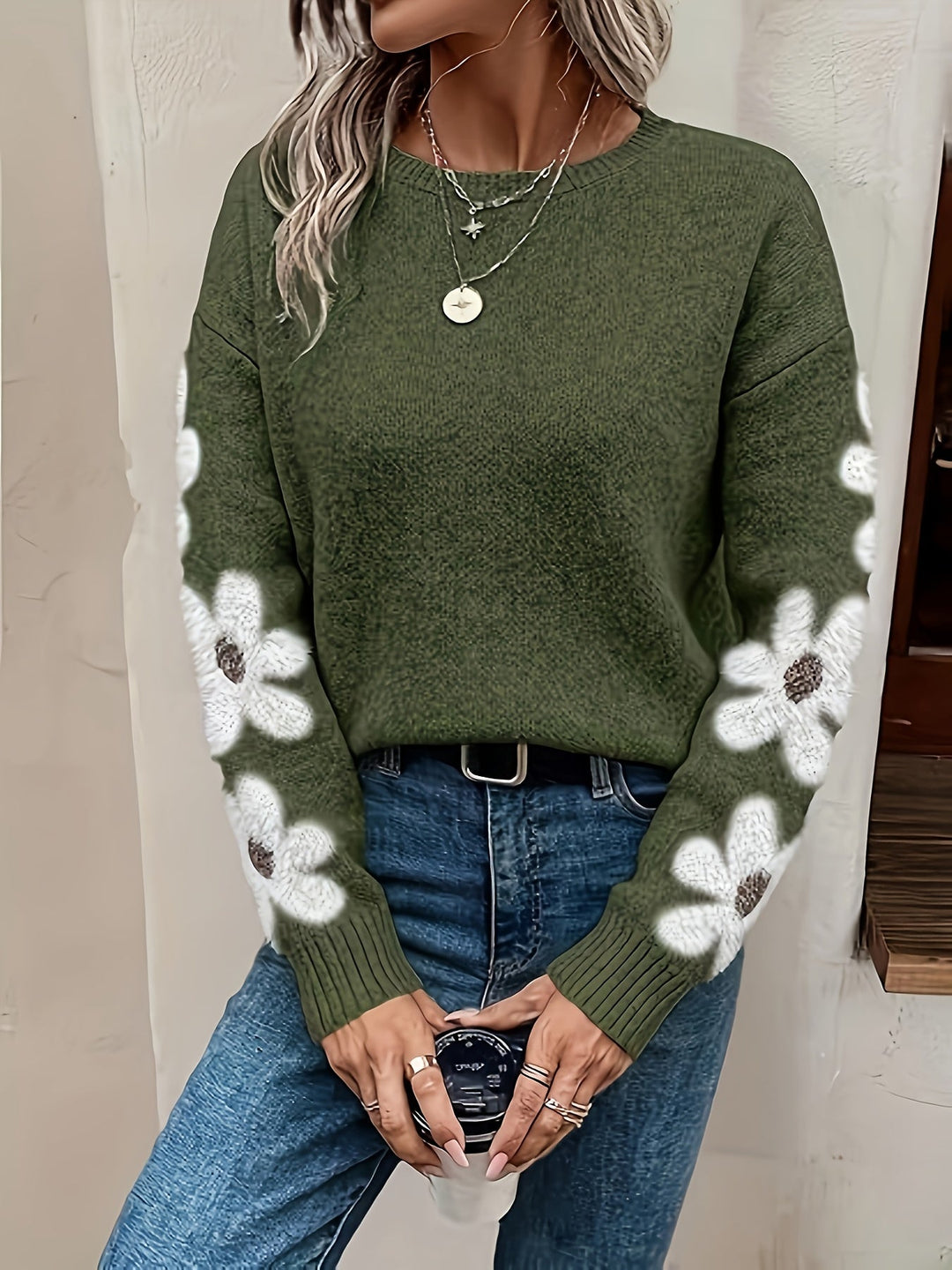 Relaxed fit women's floral knit sweater, a cozy drop shoulder top perfect for stylish casual comfort.