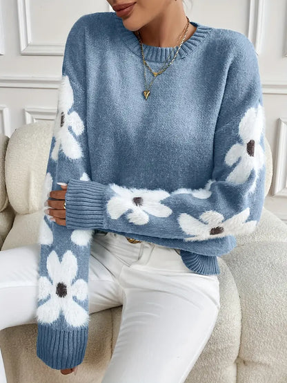 Cozy women's floral knit sweater, a relaxed fit drop shoulder top for casual wear and comfort.