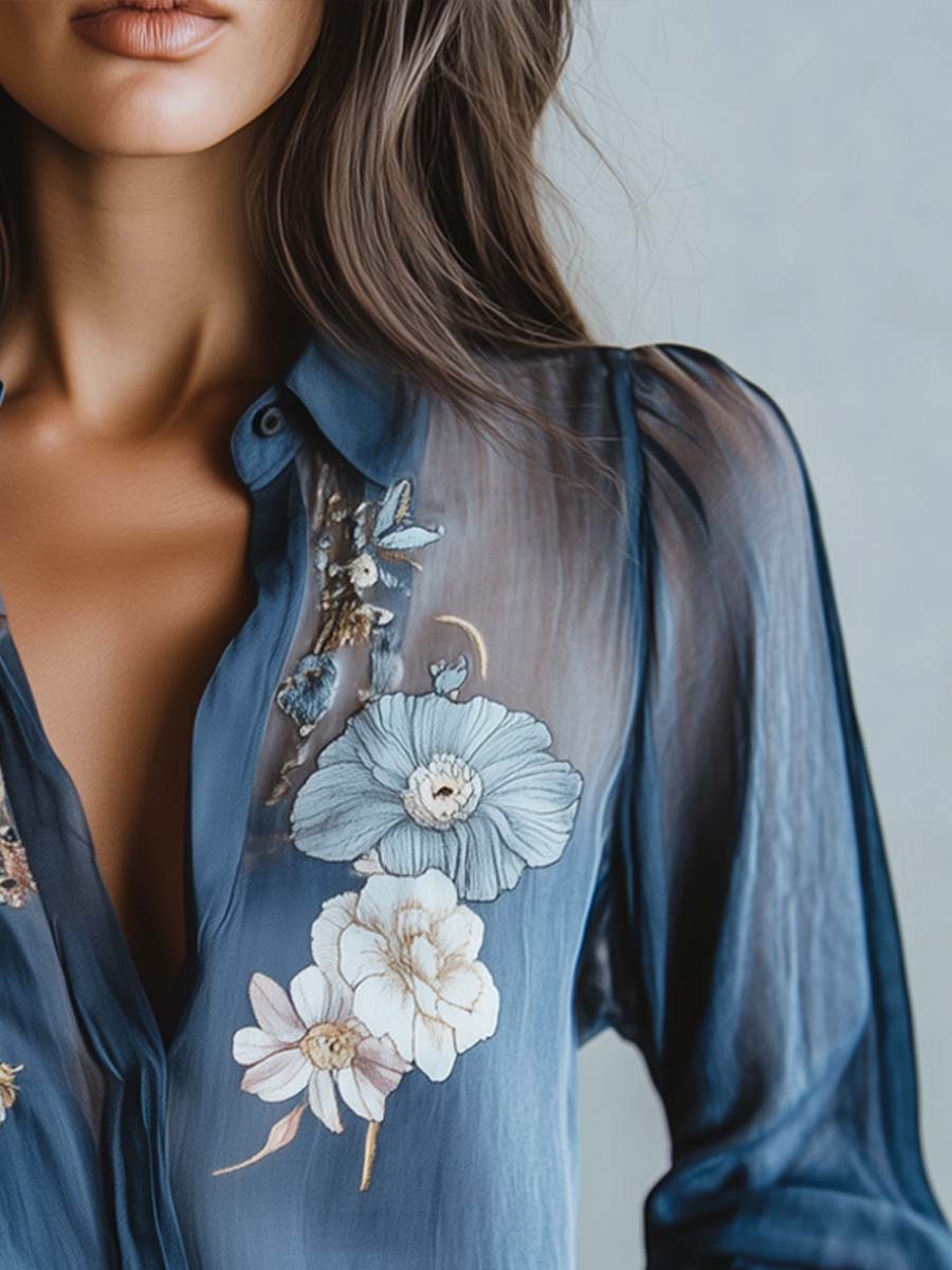 Versatile women's long-sleeve blouse: floral embroidered detail & sheer sleeves for chic fashion.