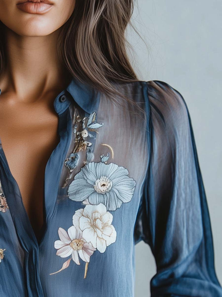 Versatile women's long-sleeve blouse: floral embroidered detail & sheer sleeves for chic fashion.
