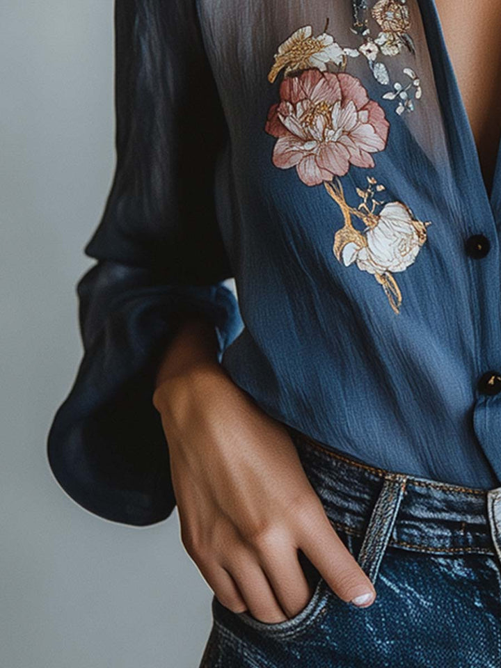 Women's elegant V-neck blouse, featuring sheer long sleeves and exquisite floral embroidery details.
