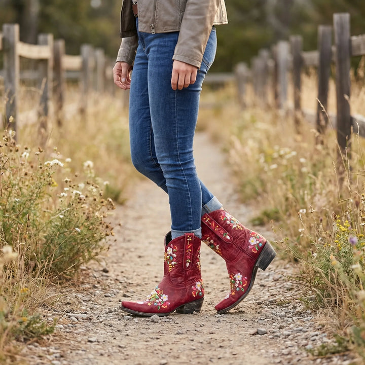 Women's floral embroidered western ankle boots, intricate stitching. Perfect for cowgirl style & country fashion.