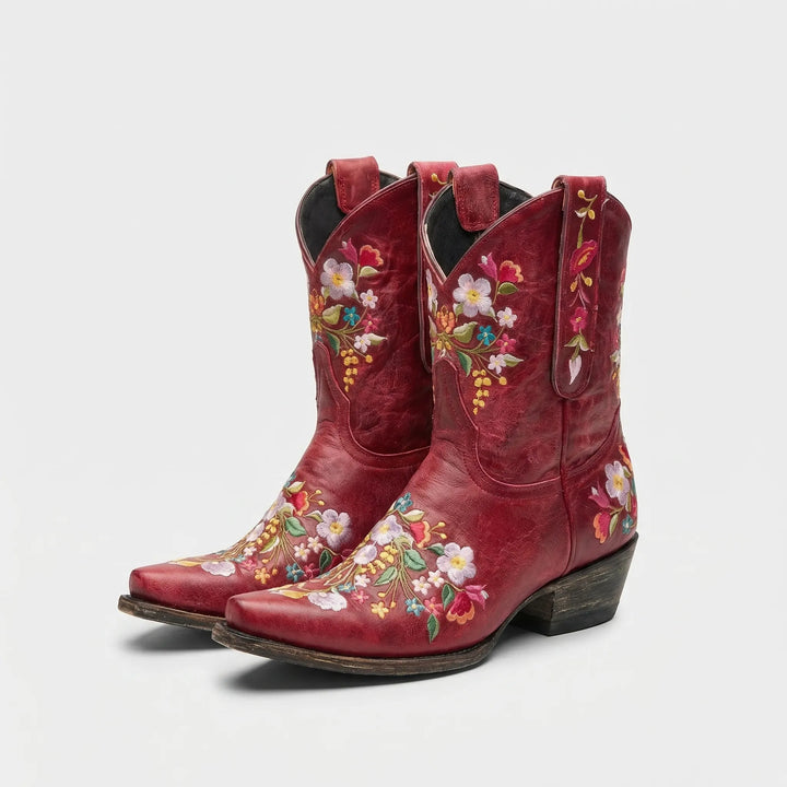 Statement women's floral embroidered western ankle boots. Unique cowgirl style for country fashion.