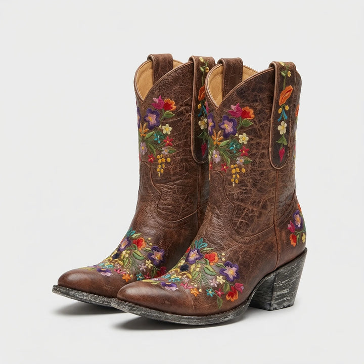 Stylish women's floral embroidered western ankle boots. Perfect festival footwear & boho chic country fashion.