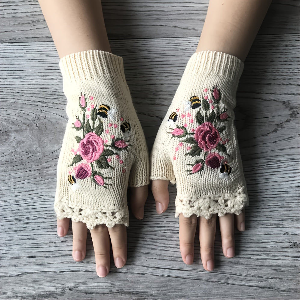 Women's floral fingerless knit gloves, perfect for winter fashion. Embroidered boho style, warm & chic.