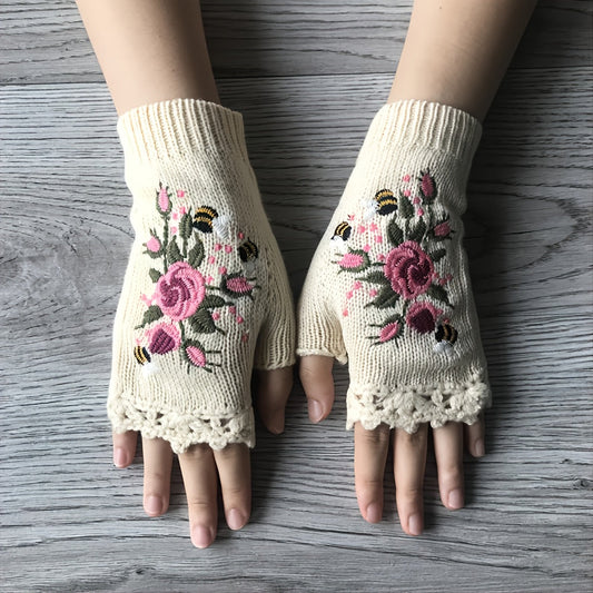 Women's floral fingerless knit gloves, perfect for winter fashion. Embroidered boho style, warm & chic.