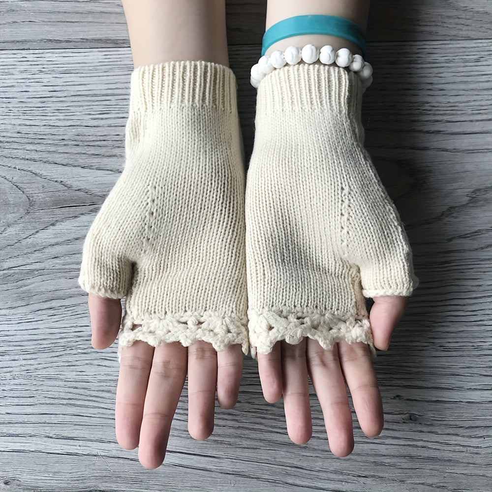 Embroidered floral fingerless knit gloves for women. Boho style winter accessory, warm & fashionable.