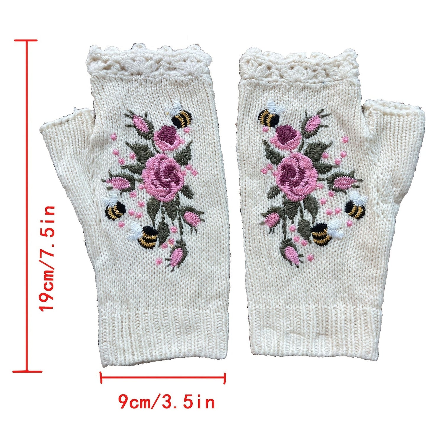 Hand-knitted women's fingerless gloves with beautiful floral embroidery. Cozy crochet winter fashion accessory.