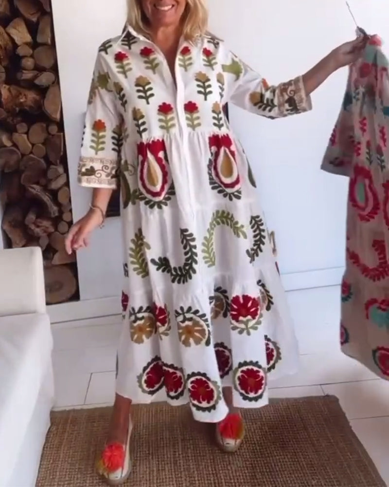 Summer women's A-line midi dress with eye-catching floral graphic print & sophisticated lapel collar.