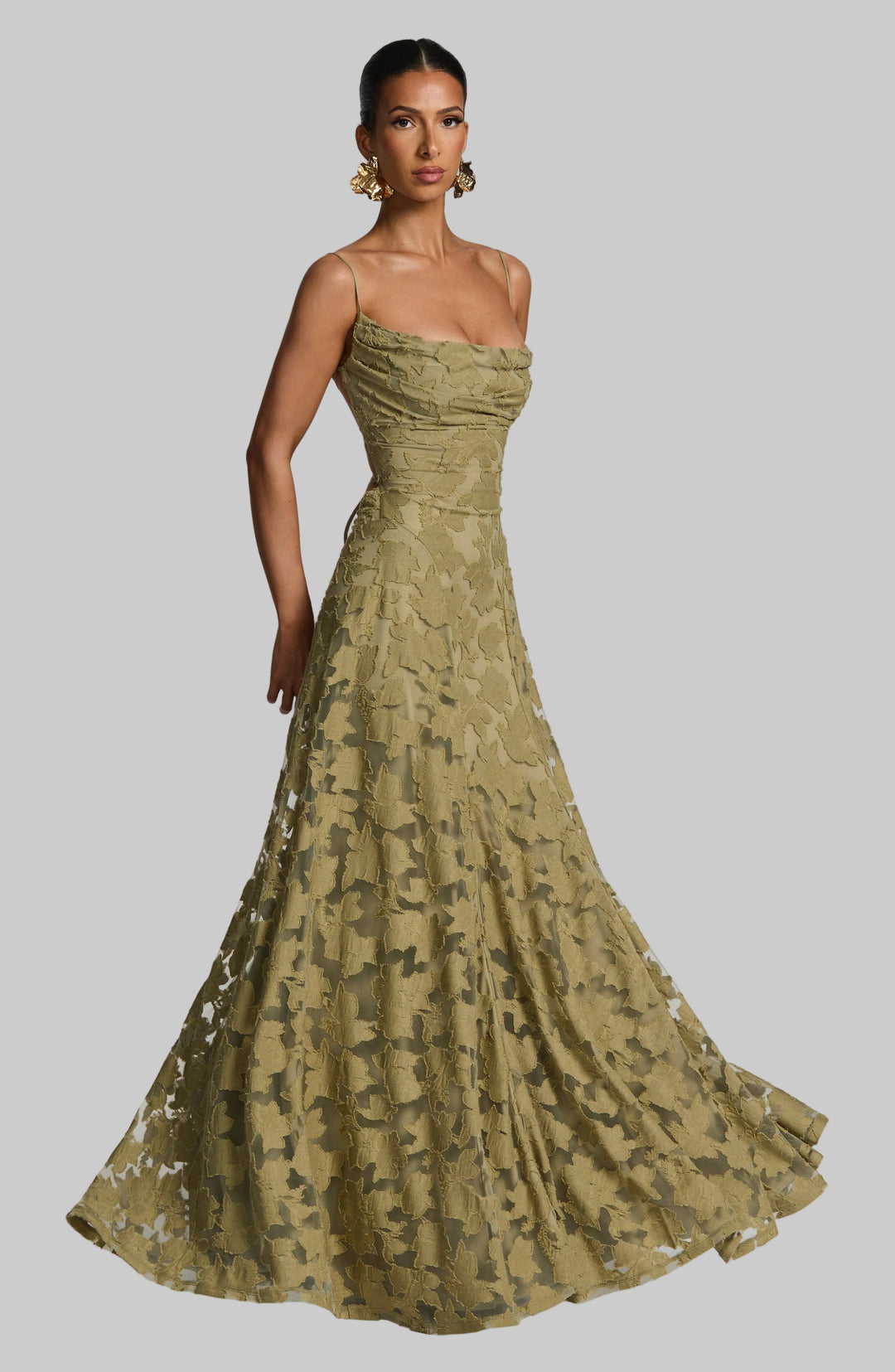 Women's floral maxi dress with elegant waterfall neckline, perfect for summer parties.