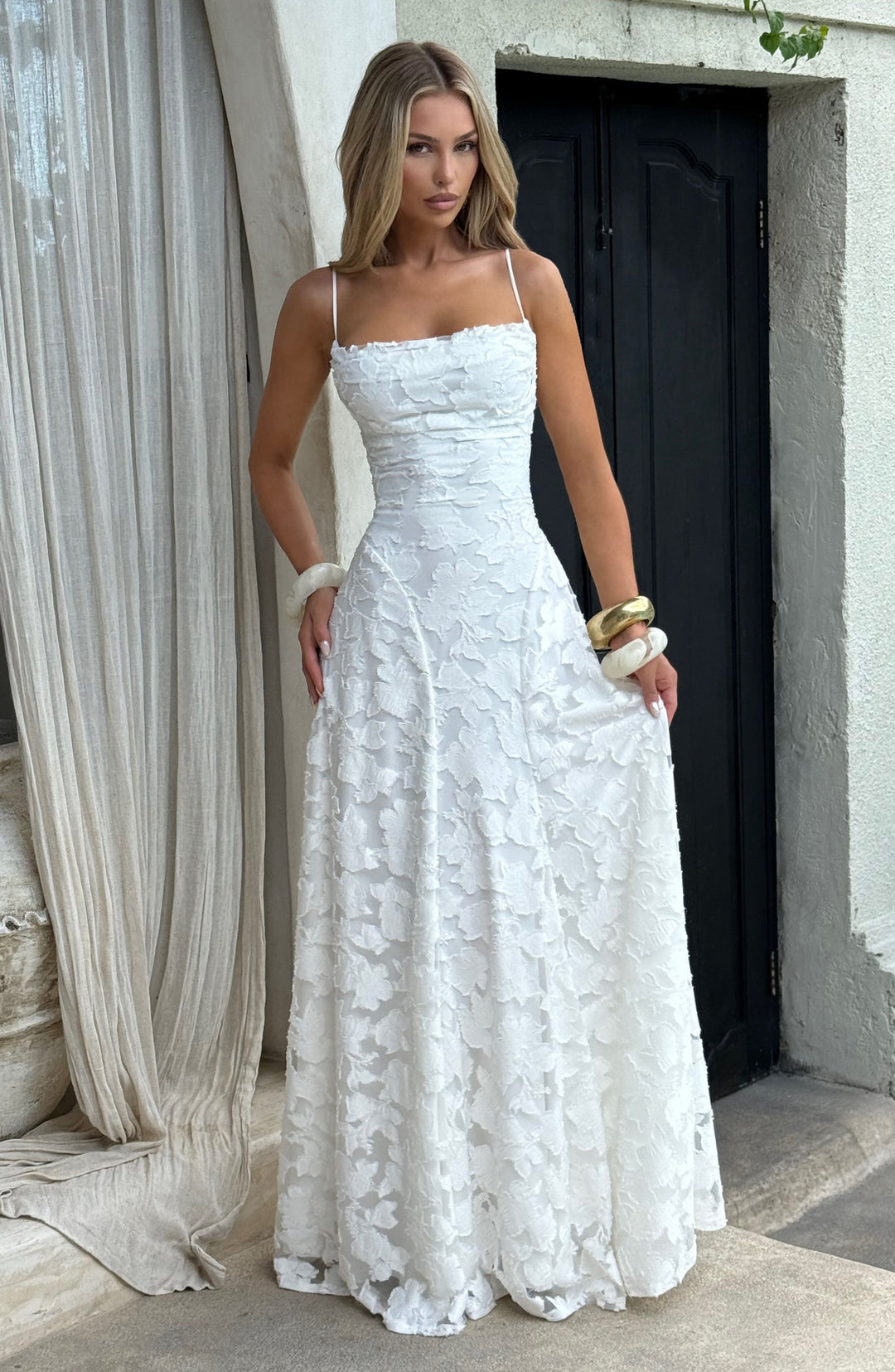 Flowy women's floral maxi dress, A-line cut, with a beautiful waterfall neckline and delicate lace-up back.