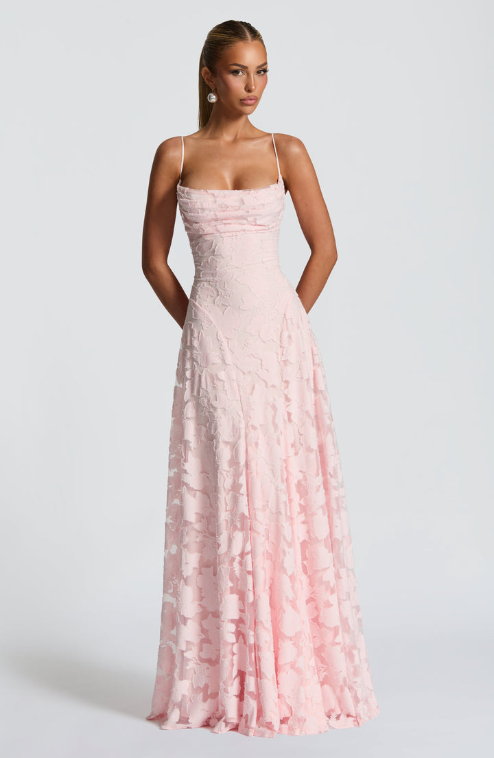 Colorful women's floral maxi dress, perfect for summer events, with a chic waterfall neckline.