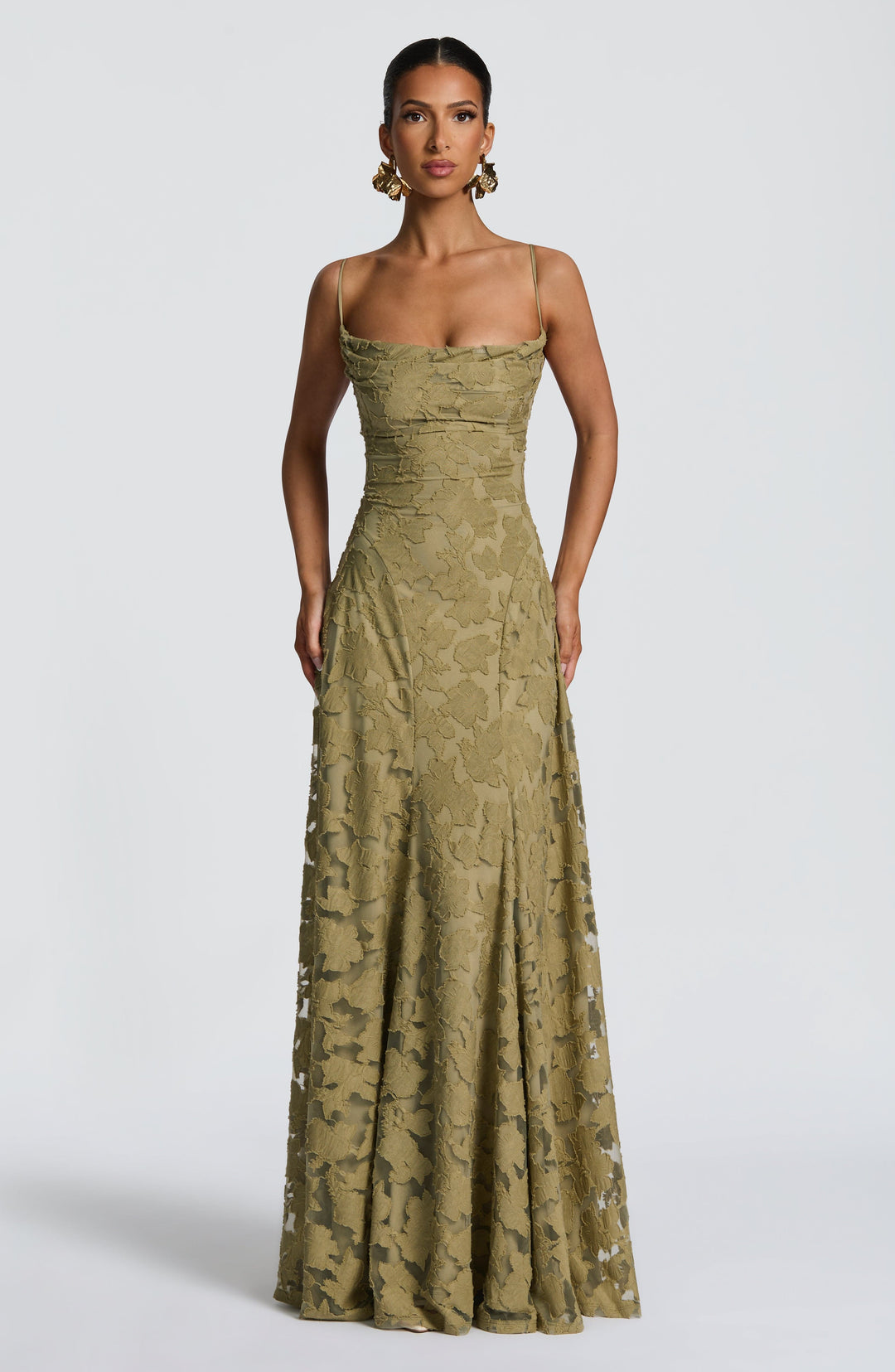 Elegant women's floral maxi dress with flattering waterfall neckline & sleeveless design, ideal for events.