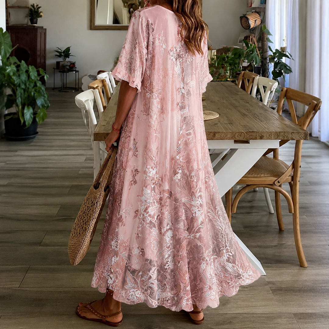 Flowy women's floral print maxi dress, ideal for beach wear, vacations, or a stylish summer casual look.